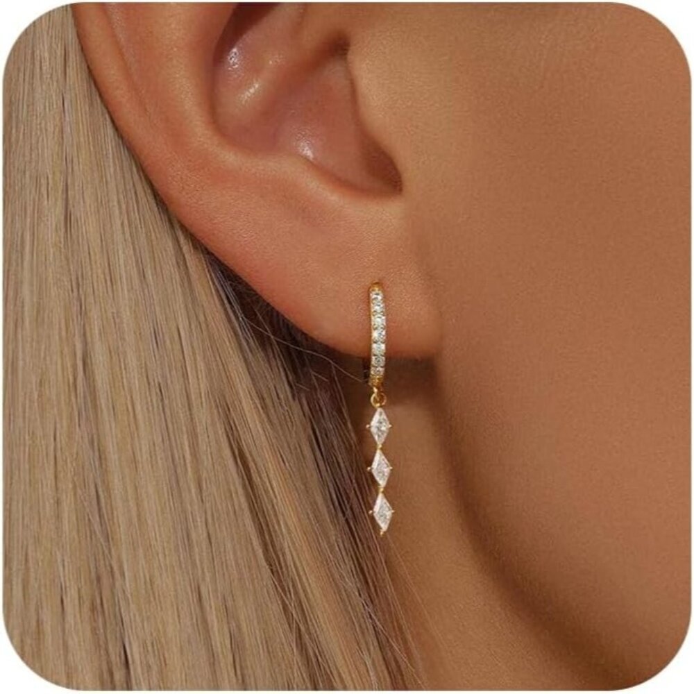 14K Gold Plated Trendy Hoop Huggie Dainty Drop Dangle-E842 Earrings for Women